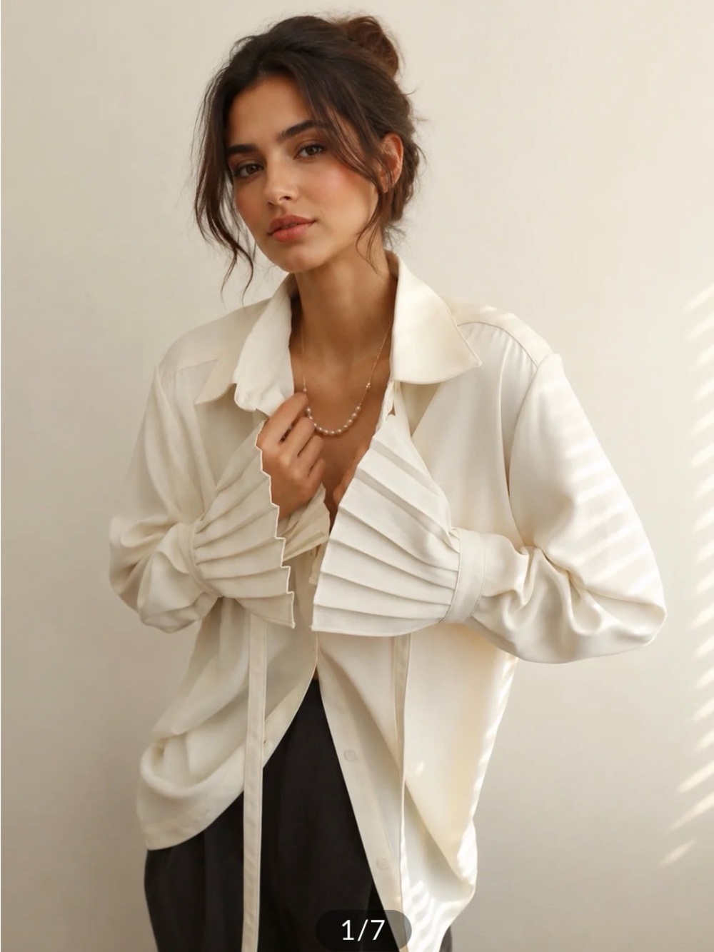 Commense Ivory Pleated-Cuff Button Front Blouse